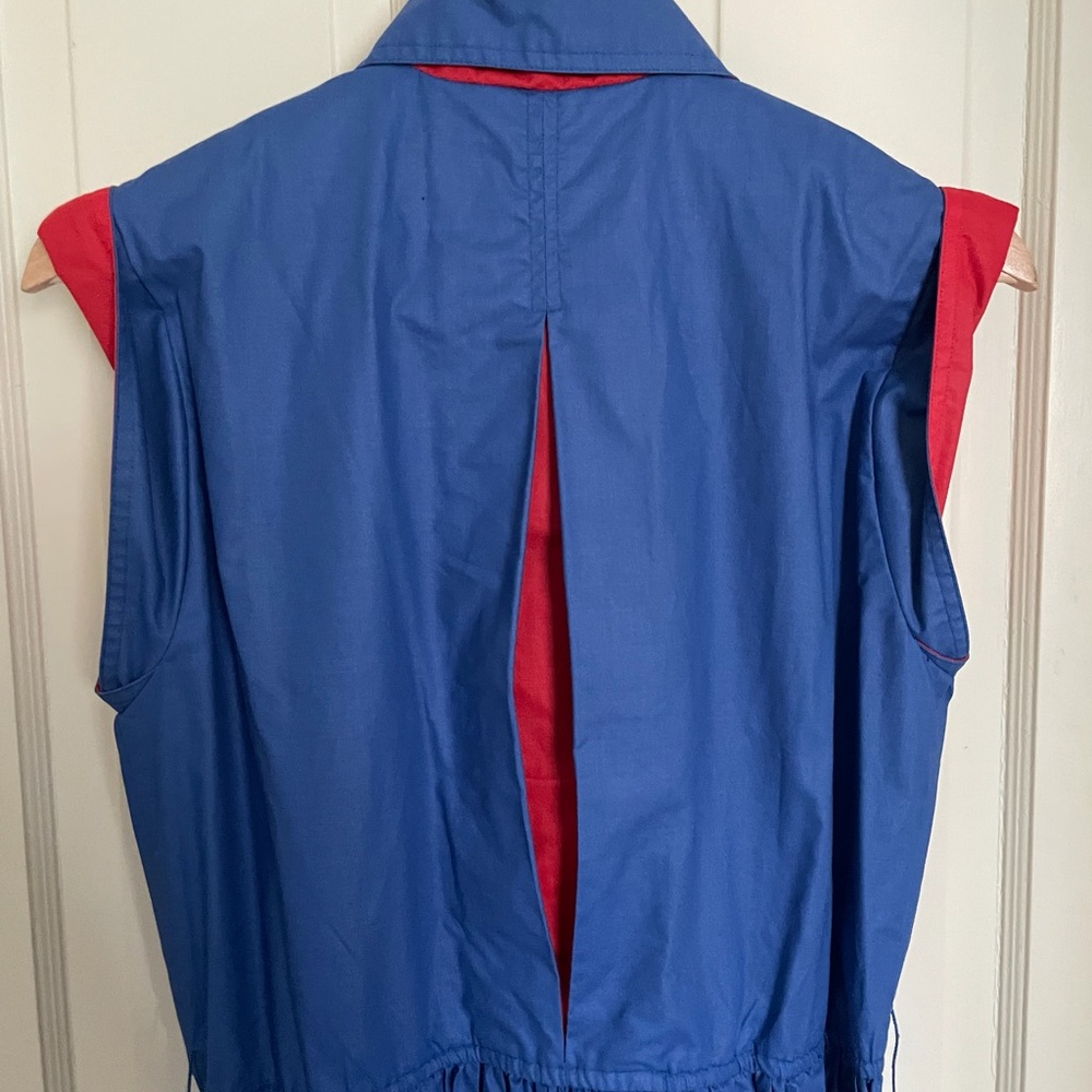 Vintage 1970-80s Blue and Red Sleeveless Button-Up Dress with contrasting detail - Picture 6 of 7